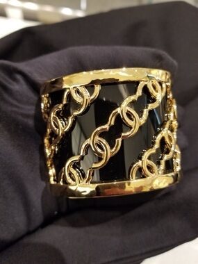 Chanel - Gold and Black Chain-Accent Wide Cuff Bracelet - Women Jewelry